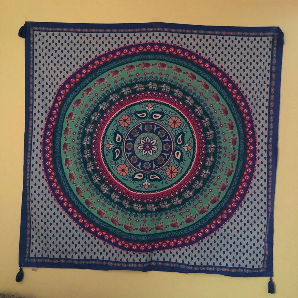 Tapestry Elephant mandala flowers graphic multi color. 58”X58”